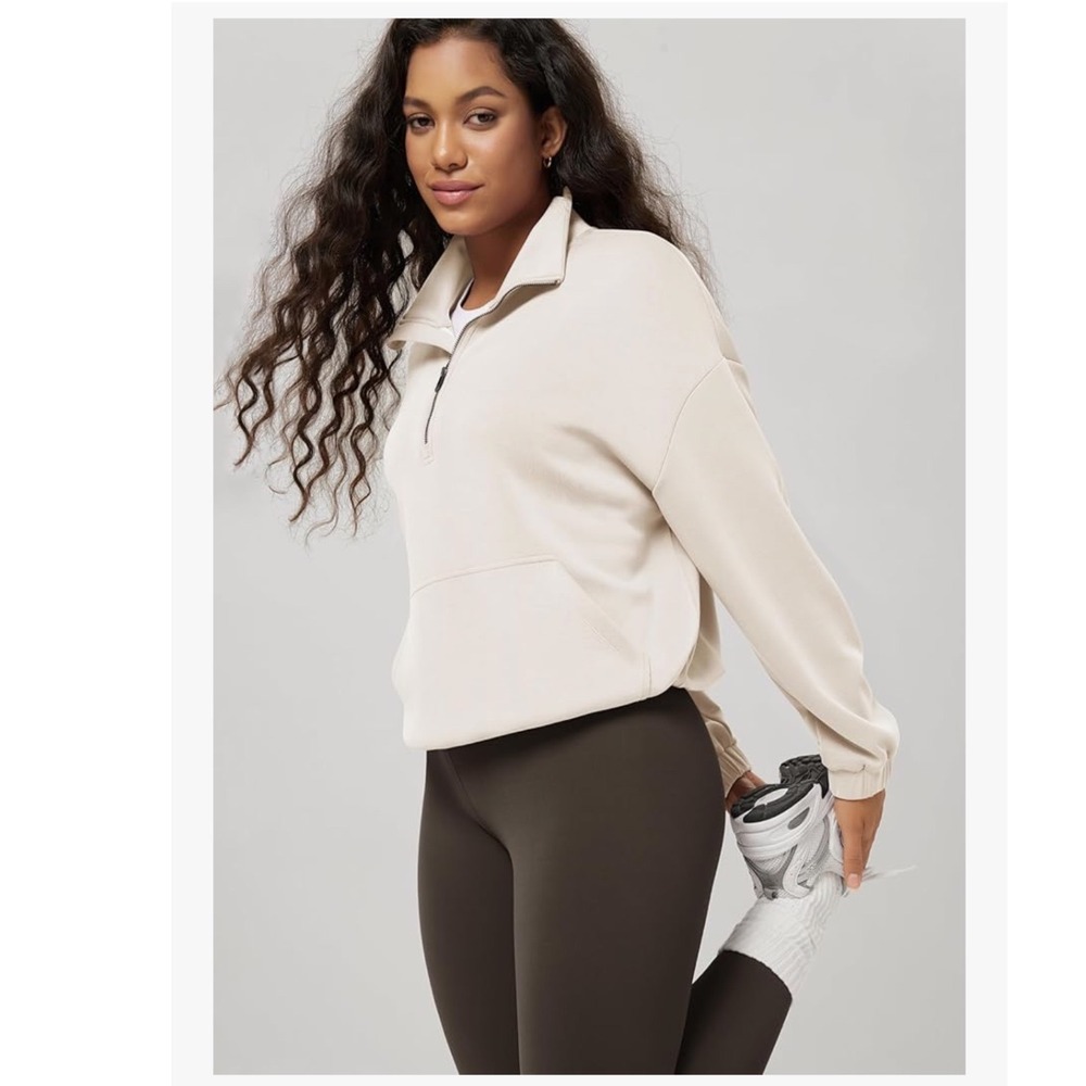 NWT Ododos Women's Ivory Modal Soft‎ Cinchable Sweatshirt Small Half Zip Pockets